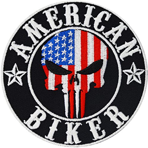 Parches ropa termoadhesivos Motero Americano | Parche Punisher para coser/planchar | Accesorio motociclista para todo tipo de telas | 90x90mm