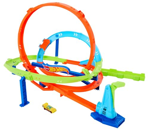 HOT WHEELS Let's Race Netflix - Looping-Zyklon-Challenge - Action-Trackset mit 2 Spielmöglichkeiten, Bumerang-Loopings und Fahrzeug im Maßstab 1:64, mit Tragegriff, ab 4 Jahren, HXM94