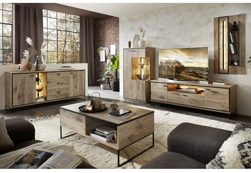 Wohnmöbel Set Wohnwand inkl. Beleuchtung braun 5-teilig Modern, 1 Couchtisch, 1 Vitrine, 1 Sideboard, 1 Lowboard, 1 Wandboard