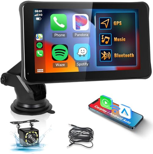 Hodozzy Pantalla Coche Carplay Radio Portatil con Carplay Android Auto Inalámbrico, 7 Pulgadas HD IPS Touchscreen Monitor Soporta Bluetooth/AUX/FM/GPS Navegador/TF/Mirror Link/Manos Libres + Cámara