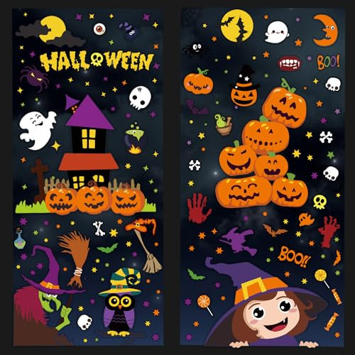 SULOLI Adesivi per Finestre Halloween,8 Fogli Vetrofanie per Finestre Riutilizzabile,Stickers Multicolore,Decorazione Casa Zucca,Scheletro,Pipistrello,Fantasma