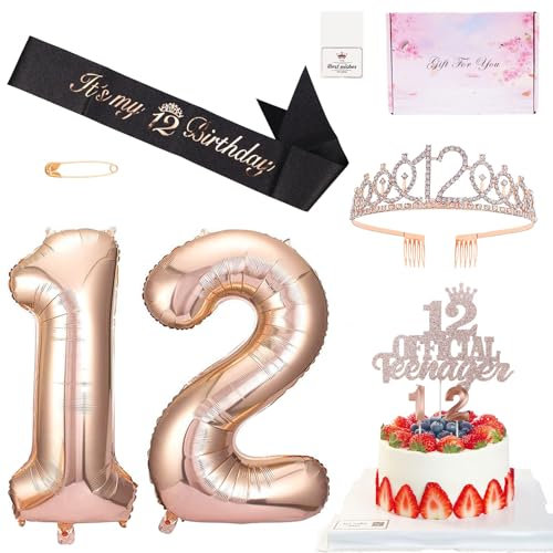 12.Geburtstag Mädchen Deko 12.Geburtstagsschärpe Krone Kerzen Luftballons für 12 Mädchen Party Deko Supplies Teenager Geschenke (12. Geburtstag)