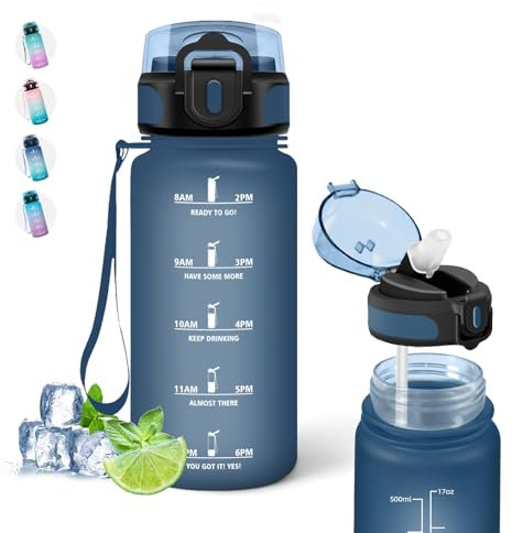 500ml Botella Reutilizable a Prueba de Fugas, Botella con Pajita, Botellas Agua Niños Colegio, Botella de Agua para la Escuela, Oficina, Viajar, Deportes, Naviblue