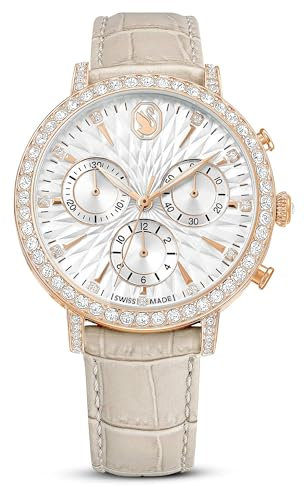 Swarovski Matrix Tennis Chrono Uhr, Schweizer Produktion, Lederarmband, Beige, Roségoldfarbenes Finish