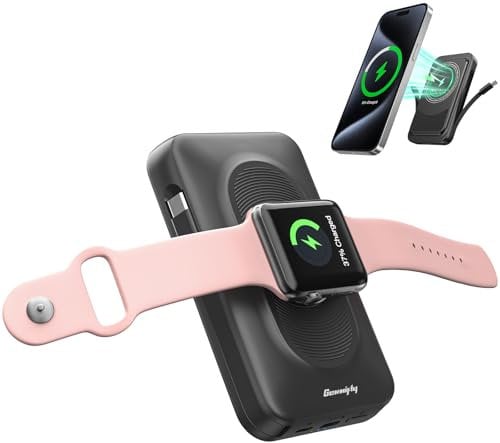 Power Bank 5 en 1 para Apple Watch y iPhone, mag-Safe Powerbank de 10000 mAh con USB-C y iOS Cable, Cargador portátil con Soporte de Anillo para iPhone 16/15/14/13/12, iWatch 10-1