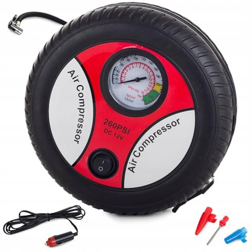 Compresor Aire Eléctrico Portátil para Coches - Inflador Ruedas con 3 Adaptadores | Compacto, Potente 260 PSI, con Manómetro | Bomba Electrico de 12V para Auto, Bici, Pelotas, Colchones