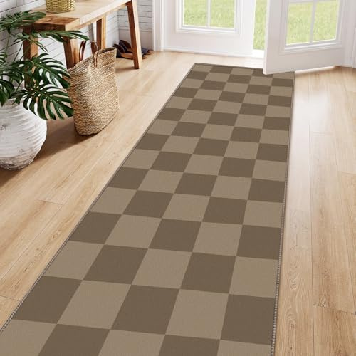 SOANNY Teppich Läufer 60x180 cm, super weich, Karomuster, waschbar & rutschfest, für Flur, Küche, Eingang, Büro, neben dem Bett, unter dem Esstisch, im Wohnmobil, Braun-Kamel