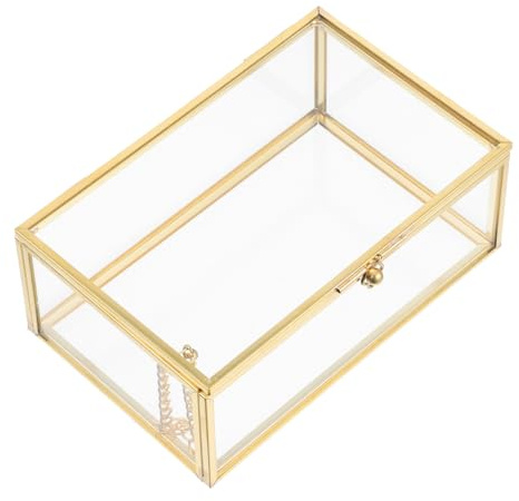 HORIALENCE Caja De Recuerdos Vintage De Cristal Transparente Joyero Rectangular Dorado Organizador De Joyas Para Tocador Pulseras Anillos Y Lápiz Labial Diseño a Prueba De Polvo 5.59X3.77X2.16In