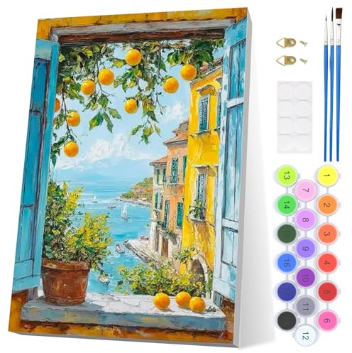 EOBROMD Pintar por Numeros Adultos, Limonero Pintura por Numeros con Marco, Vista de Ventana Kit de Pintura al óleo de Lienzo DIY para con Pinceles, Pigmento Acrílico, Decoración para el Hogar 20x30cm