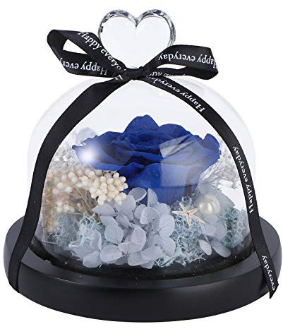 Éternelle Fleur Decor en Verre Fleur Immortalisée Jamais Flétri Rose pour Femme Amant Anniversaire de Mariage (Bleu)