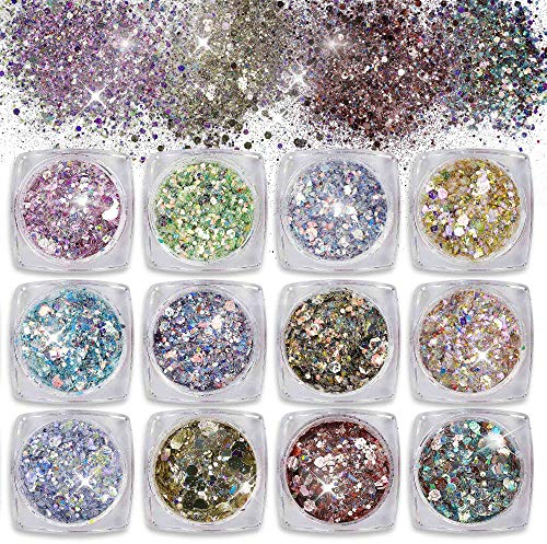 Nagel Glitzer Make-Up Glitzer Paillette für Gesicht Nägel Haare Körper Glitzer Sequin für Musik Festival Masquerade Party Clubs 12 Stück