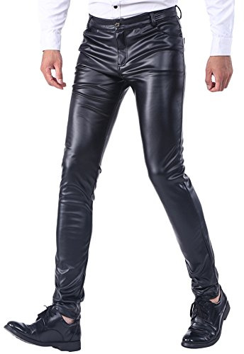 Idopy Verano fino invierno grueso hombre Business Slim Fit piel sintética pantalones vaqueros de cuero grueso Negro 31W x 30L