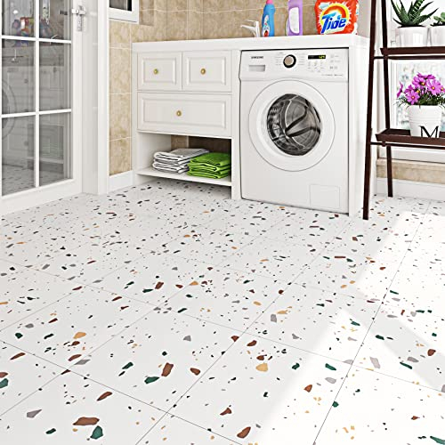 Livelynine 32 Dalles Autocollante Sol PVC Moderne Revetement de Sols Salle de Bain Lame Adhesive Blanc Granit Carrelage-Sol Cuisine Lino Sol Adhesif Dalle PVC Adhesive Sols 30x30 Sticker pour Plancher