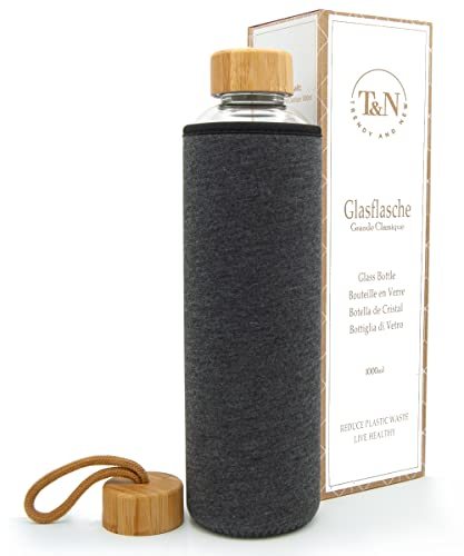 T&N Glasflasche 1 Liter / 750ml / 500ml – Trinkflasche Glas 1l mit Neoprenhülle – Wasserflasche Auslaufsicher – Glastrinkflasche aus dickerem Borosilikat-Glas für Kohlensäure geeignet
