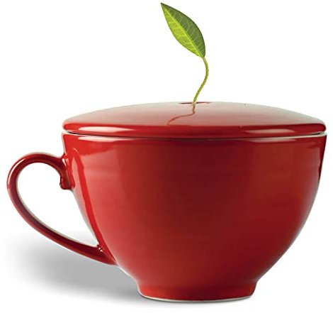 Tea Forte Cafe Cup - Taza de té de porcelana roja rubí y tapa, se empapa 8 onzas, apta para microondas y lavavajillas