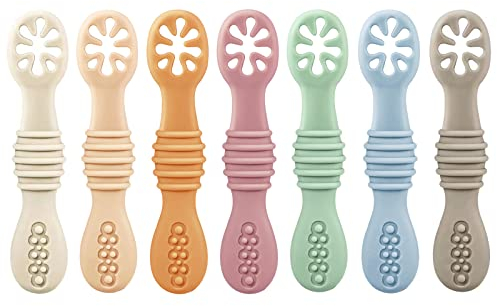 PandaEar Ensemble de 7 cuillères d'apprentissage en silicone pour bébé - Cuillères à bouillie à partir de 4 mois - Apprendre à manger seul - Couverts pour bébé