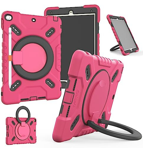 NLR Fun 4 Capas Prueba de Golpes Protectora Funda para iPad 9ª/8ª/7ª (10.2” iPad 2021/2020/2019) y iPad Air 3ª (10.5” iPad Air 2019), con Soporte/Asa, Portalápices, Correa para el Hombro (Rosa)