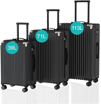 Voyagoux Kofferset 3 teilig - 39L,71L & 113L, Hartschalenkoffer Set, TSA-Schloss, ABS, 4X 360° Rollen, Robust und Leichtgewicht Suitcase, Schwarz