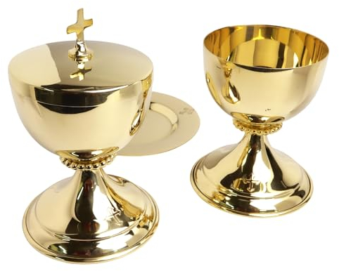 Needzo Elegante juego de cáliz litúrgico, ciborio y patena, latón pulido para comunión y ceremonias de iglesia, 5.75 pulgadas