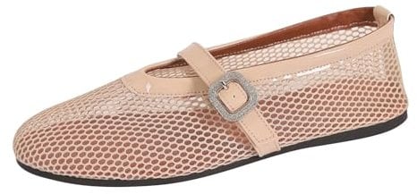 Women's Mesh Ballet Flats Buckle Strap Comfortable Ballerina Shoes Ladies Wide Width Casual Dress Mary Jane Flats Comfy Casual Office Flat Heel Ballerina Shoes Beige
