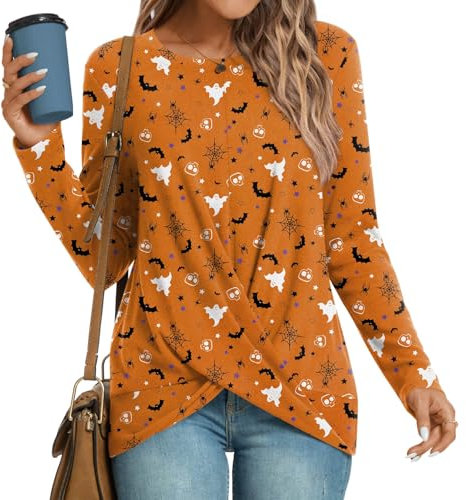 HOTGIFT Womens Tunics Top Casual Long Sleeve T-Shirts Sweaters Blouse Crewneck Halloween-Orange XX-Large