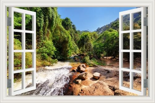 Stickers muraux 3D Arbres Ruisseau Paysage 230 x 180 cm Décoration murale Papier peint Fenêtre Papier peint Faux Fenêtre Stickers 3D PVC Inspiré de la nature Décoration d'intérieur