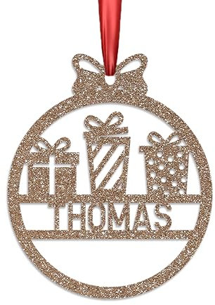 KreateSquare Personalised Christmas Bauble, 950 GSM (1.7 mm) Double-Sided Glitter Xmas Tree Decoration, Custom Name Baubles, Red Christmas Decorations Ornaments (Champagne