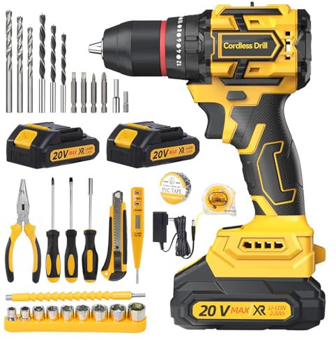 Brushless Cordless Drill Driver 21V, YEARTOP Drill Driver with 2×2.0Ah Batteries, Driver with 35 Sets of Accessories, 25+3 Pair, LED Light, 42N.m