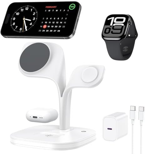 3 in 1 Ladestation für Apple Watch und iPhone mit Magsafe Ladegerät Magnetisch für iPhone 16 15 14 13 12, Apple Watch 10 9 8 7 6 5 4 3 2 SE Ultra Ultra 2, AirPods Pro 4 3 2(Mit 20W Netzteil)