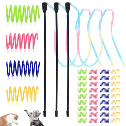 Juguete Interactivo para Gatos con 40 Muelles + 3 Varitas Arcoíris - Colorido plástico Resistente Gato Espiral Juguete con para Estimular Instinto Depredador Resistente (4Colores)