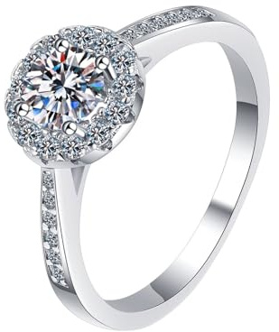Homxi Damen Verlobungsring Weißgold 375, Rund mit Erstellter Diamant 0,5 Karat, Silber Eheringe und Verlobungsringe Damen Ringe, Gr. 47 (15.0)