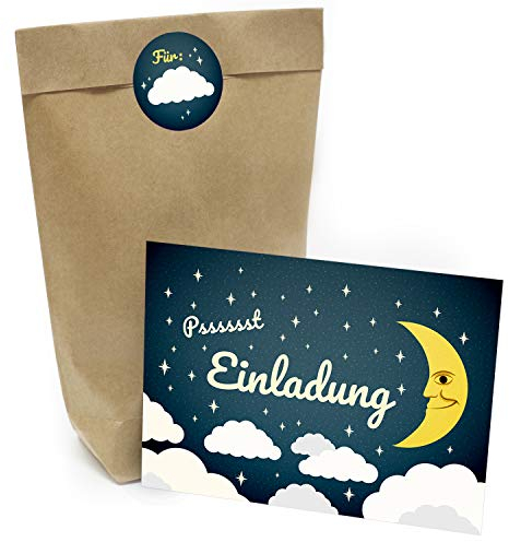 Kindergeburtstag Einladung Set mit je 8 Einladungskarten, Umschlägen, Tüten und Aufkleber - Motiv: Wolken für Übernachtung