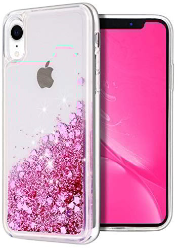 WORLDMOM for iPhone XR Case, Double Layer Design Bling Flowing Liquid Floating Sparkle Colorful Glitter Waterfall TPU Protective Phone Case, Rose Gold
