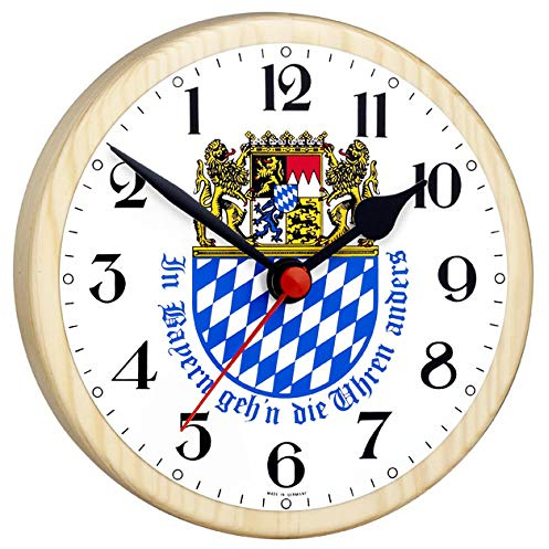 SELVA Bayernuhr mit Wappen – Rückwärtsläufer-Uhr – Geeignet für Hobbyraum, PARTYKELLER, als witziges Überraschungsgeschenk etc. – MADE IN GERMANY – Kiefer-Gehäuse – Maße: Ø: 16,5 cm – C345434