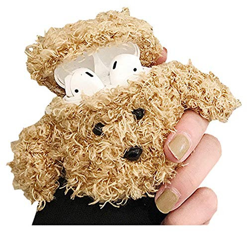 SGVAHY Flauschige Hülle kompatibel mit Airpods 1 & 2, niedlicher Teddybär, weiches Fellpelz Kawaii, lustig Coole Mini-Airpods-Hülle mit Schlüsselanhänger, kabellose Ladebox (Teddy Khaki)