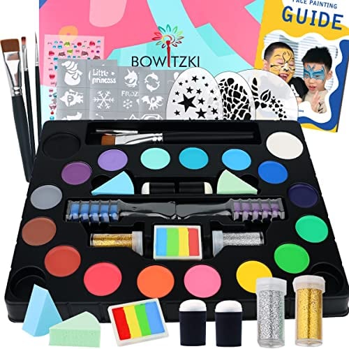 Bowitzki Face & Body Paint Kit - 18 Colors, Split Cake, Hair Chalks, Brushes, Sponges, Glitters, Gems, Reusable Stencils, Professional Non-Toxic Halloween Party Makeup