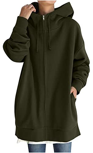 Pullover Strickjacken Jacken Damen Lässige Outwear Jacken mit langen Ärmeln und Kapuze Frauen Einfarbig Hoodie Reißverschluss Langarm Sweatshirts Lange Mantel Tops Mit Taschen Armeegrün 3XL CJ11