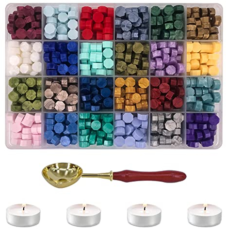Siegelwachs Perlen Set, 600 Stück Siegelwachs Perlen Set, 24 Farben Siegelwachsperlen mit 4 Weißen Kerzen und 1 Wachsschmelzlöffel für Wachs siegelstempel Umschlägen Geschenkbox B