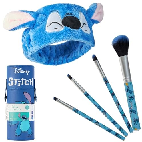 Disney Lilo und Stitch Schminkpinsel-Set für Make-up - Inkl. Pinsel, Stirnband und Etui - Stitch Geschenk für Frauen (Blau)
