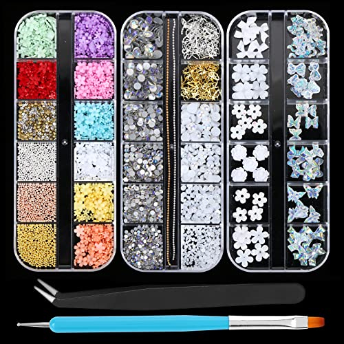 3D Nagel Art Charm Glitzer Edelstein Dekorations Acryl Schmetterling Weiße Blumen Bär süßer Nail Charms Gemischter Stern Kristall Strass Rhinestones Doppelseitiger Pinsel Pinzette Nail Art Zubehör