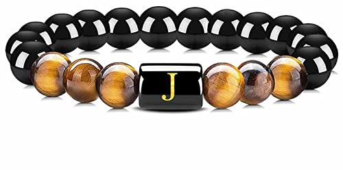 Stfery Freundschaftsarmband Damen, Chakra Armband Tigerauge Obsidian Schwarz Buchstabe J Modeperlen 16.7cm Kristall Herren Modeschmuck