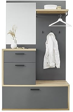 Stella Trading Louis Flurgarderoben Kompaktgarderobe in Dunkelgrau - Stylishe Kompaktgarderobe mit Spiegel für Ihren Eingangsbereich - 115 x 198 x 38 cm (B/H/T)