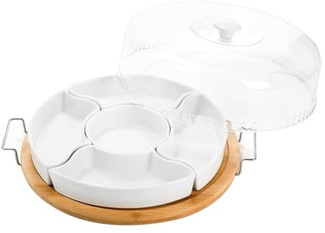 ICOBES Plato de cerámica dividido con tapa transparente, bandeja para entrantes de bambú con asas, 5 cuencos extraíbles para aperitivos de 28,5 x 5 cm