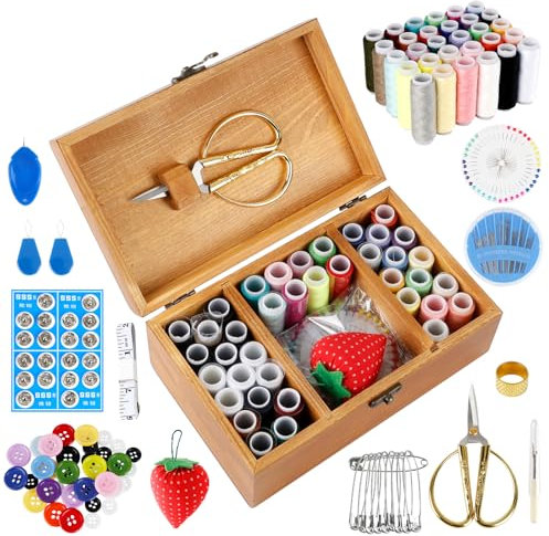 Kit de Costura 186 Pzs Accesorios de Costura Costurero Profesional Caja de Madera Portátil con Agujas de Coser Hilos Tijeras Cinta Métrica Botones para Adultos Principiantes Viajes, Bricolaje