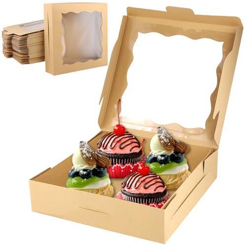 TAICHEUT 30 PCS 10 x 10 x 2.5 Inches Kraft Large Bakery Boxes with Clear Window, Brown Cookie Pie Boxes for Donut, Cakes