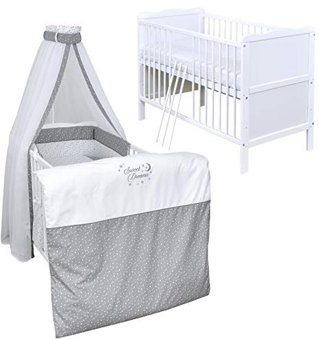 Generisch Baby Delux Babybett Komplett Set 9-TLG Kinderbett umbaubar zum Juniorbett 70x140 Matratze Jack Bettset Chiffonhimmel (Sweet Dreams)