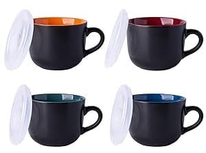 GBHOME Juego de 4 tazas de sopa de cerámica con tapa de 700 ml con asa para café, cereales, ensaladas, pasta, té, platos hondos, aptos para microondas y lavavajillas