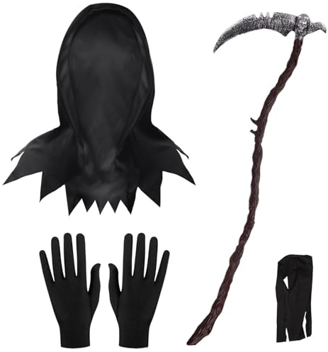 4er Sensenmann Kostüm Accessoires Set,Horror Maske & 123cm Zerlegbar Sense,Handschuhe Gürtel,Halloween Kostüm Sensenmann Maske Halloween Sense Grim Reaper Costume Zubehör für Erwachsene kinder
