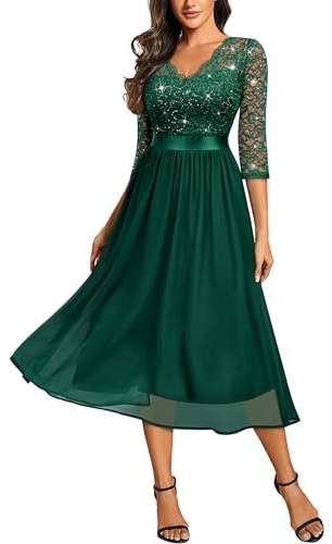 MIUSOL Women's Retro V-Neck 3/4 Sleeves Sequin Lace Formal Business Cocktail Party Dress (Medium, Dark Green)