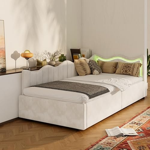 QSFCUB Bettsofa gepolstert 90 x 200 cm, mit Stauraum, Einzelbett in L-Form, mit LED-Beleuchtung, Lattenrost, aus Samtstoff, ohne Matratze (Beige A, 90x200)